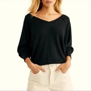 Free People Black Thermal V-Neck Long Sleeve Top Relaxed‎ Fit Size M
